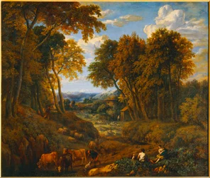 Paysage avec bergers et troupeaux dans un chemin forestier - Landskap med herde och hjordar i en stig i skogen...