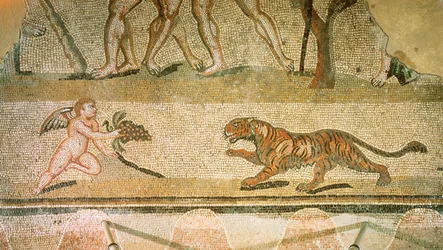 Putto och tiger. Mosaik från Villa Hermes, Aquincum, Ungern