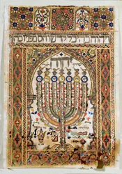Shiviti, en dekorativ plakett på synagogans östra vägg som anger bönernas riktning mot Jerusalem (akvarell, bladguld och guldpulver)