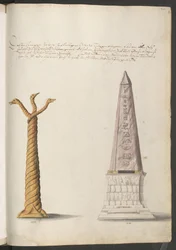 Solomonisk kolonn som avslutas med tre ormhuvuden; obelisk