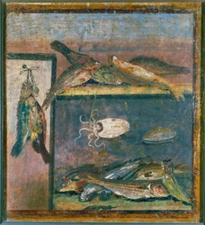 Stilleben med fåglar, fiskar och bläckfisk