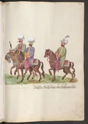 En pasha och sultans hov: två kammarherrar till häst, den ene med en falk