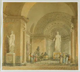 Vy över Melpomene-rummet på Louvren-museet ...