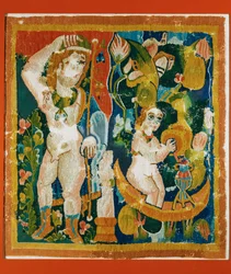 Gobeläng i ull med guden Dionysos ...