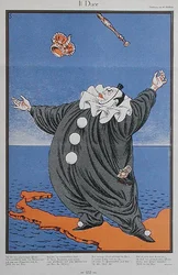 Karikatyr av Benito Mussolini (1883-1945), från tidskriften Simplicissimus. 8 februari 1926 (lito i färg)