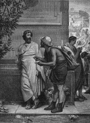 Ostracism i antikens Grekland: "Aristide och bonden"". En analfabet bonde som inte känner igen den atenske statsmannen Aristide den rättfärdige, slår till med utfrysning, ber honom att skriva sitt namn på ett skaft. Gravyr efter målningen av Eugene Erne