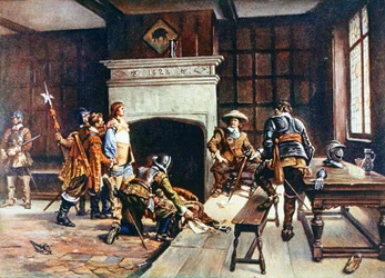 Oliver Cromwell (1599-1658) på Blue Boar i Holborn, illustration från "Lives of Great Men Told by Great Men", redigerad av Richard Wilson, ca 1920-talet (färg litho)