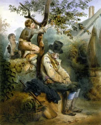 Barn som stjäl äpplen under den sovande bondens näsa - litografi av Grenier, v.1840