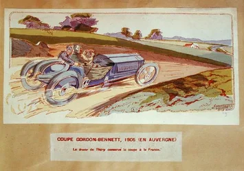 Richard-Brasier-bilen körd av Leon Thery under Gordon-Bennett-loppet i Auvergne 1905, ca 1910 (färglitografi)