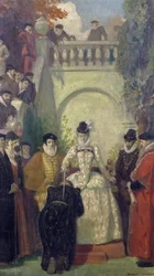 Drottning Elizabeth I till riddare Sir John Young på trappan till hans egendom, The Great House, Bristol, 1910-20