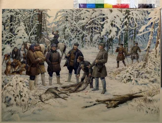Efter en framgångsrik jakt. Grupper av jägare samlar ihop vilt (vargar) på signalen av en ryttare som blåser i ett horn. Målning av Ernest Ernestovich Lissner (1874-1941), olja på duk
