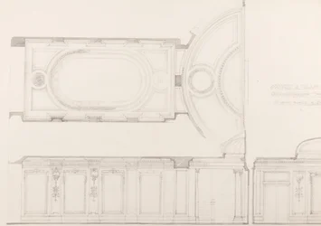Ritningar för inredningen i biografen på Oxford and Poland Street: Auditoriets tak och bakre vägg, ca 1910 (blyerts på papper)
