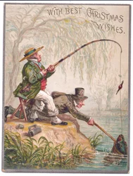 Ett viktorianskt julkort av två män som fiskar vid floden, c.1880