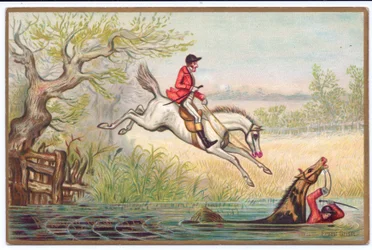 Ett viktorianskt nyårskort av en rävjakt med en jägare och hans häst som faller i floden, ca 1880