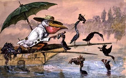 Skarvar som presenterar fisk för en pelikan i en stup under ett paraply från "The Dream of the Fisherman" (penna & bläck och akvarell)