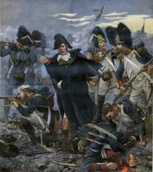 General Pierre Cambronne (1770-1842) tillsammans med sina trupper i slaget vid Waterloo - gravyr efter Delahaye, Ernest Jean (1855-1921) -