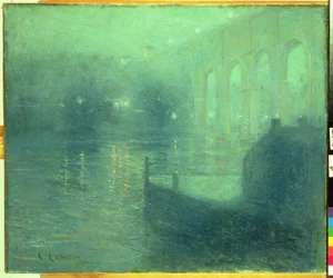 Harlem River at Night, Blue Reflection (olja på duk)