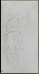 Skissbok, sidan 19: Studie av en figur till häst sedd bakifrån