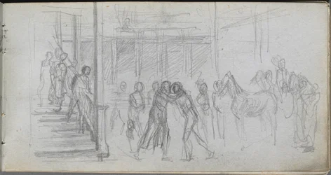 Skissbok, sidan 62: Figurstudie, trappa, häst.