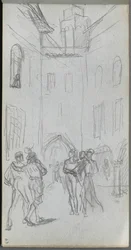Skissbok, sid 63: Figurer på en innergård