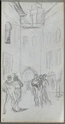 Skissbok, sidan 63: Figurer på en innergård.