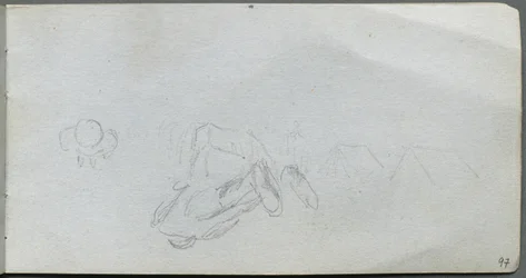 Skissbok, sidan 97: Studie av figurer, byggnader.