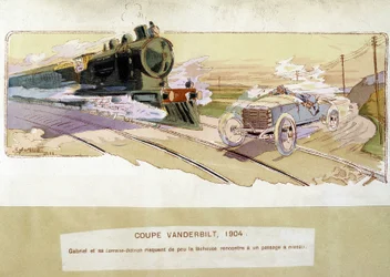 Racing: Vanderbilt Cup 1904 - teckning av Ernest Montaut (1878-1909).