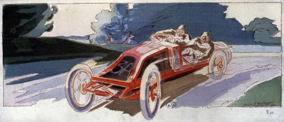 Szisz på Renaultbil, vinnare av ACF Grand Prix, ca. 1910 (illustration)