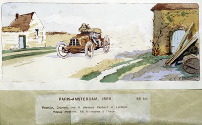 Paris - Amsterdam-loppet 1898, teckning av Ernest Montaut (1878-1909).