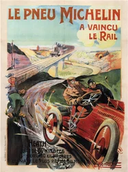 Panhard et levassor racerbil som körs av hed - Michelin-däck (Pneu) - Montaut, Ernest (1879-1909) - 1905 - Färglitografi - Privat samling