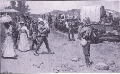 Brittiska soldater som hjälper boerflyktingar, illustration från After Pretoria: The Guerilla War, 1902