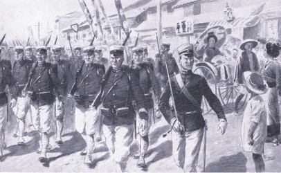 Japaner som marscherar genom Tokio, illustration från Cassells History of the Russian-Japanese War Vol 1, c.1900