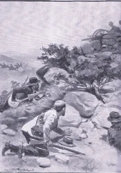 Ruse genom vilken boerna erövrade en "Pom Pom", från After Pretoria: The Guerilla War publicerad av Harmsworth Bros Limited