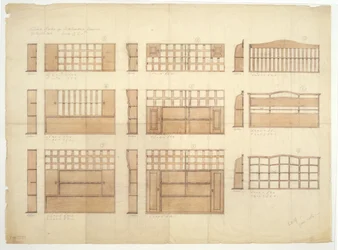Design för Kina-hyllor, sideboards och byråer i engelsk ek, 1906 (penna och wc på papper)