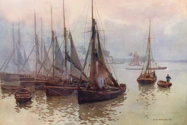 Floden Themsen: Räkfiskeflottan, Gravesend (färglitografi)
