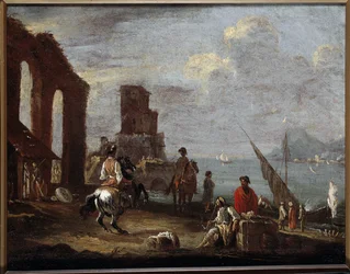 Landskap med ruiner nära havsmålningen av Ernesto Monsu Daret (1600 -talet) Sun 40x50 cm gener, Strada Nuova -museer (före detta Palazzo Bianco)