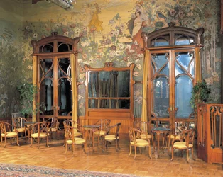 Interiörer i hallen på ett storslaget hotell, Villa Igea, Palermo, Sicilien, Italien