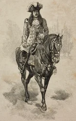 Greve av Turin Vittorio Emanuele av Savojen i kostym av Vittorio Amedeo II av Savojen vid Villa Borghese-turneringen i samband med silverbröllop av Umberto I och Margherita av Savojen, Rom, Italien