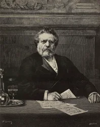 Giosue Carducci (1835-1907), italiensk poet och författare, Nobelpristagare 1906, gravyr av Ernesto Mancastroppa från målning av Vittorio Corcos, från L