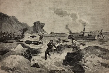 Dödandet av löjtnant Carlo Zavagli (1867-1890) i Warsheikh i Somalia, 24 april, gravyr av Ernesto Mancastropa efter teckning av Gennaro Amato, ur L