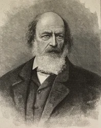 Porträtt av Alfred Tennyson (1809-1892), brittisk poet, gravyr av Ernesto Mancastroppa från fotografi av Barraud, från L