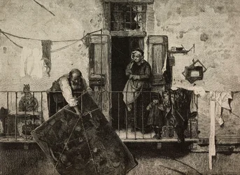 Sankt Mikael, konstutställning i Venedig, Italien, gravyr av Ernesto Mancastroppa från målning av Gerolamo Induno, från L