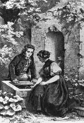Hermann och Dorothy vid fontänen, illustration för Hermann och Dorothea, idyll av Johann Wolfgang von Goethe (1749-1832), gravyr efter teckning av Ernst Bosch (1834-1917)