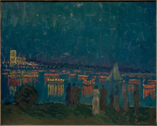 Lampionkorso på Außenalster med Uhlenhorster Fährhaus i bakgrunden