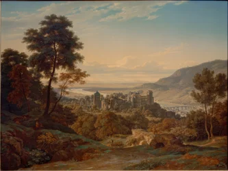 Heidelberg, slott och stad från öster med utsikt över Rhenslätten