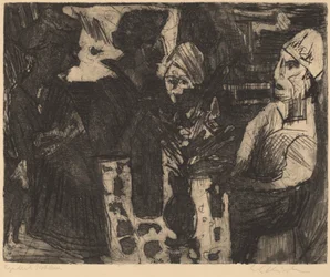 Kvinnor vid ett bord i ett rum recto Naken kvinna, 1920.