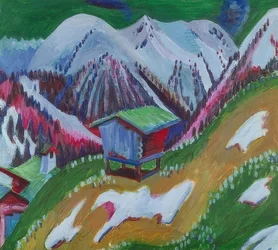Bergslandskap med en alpin koja. Omkring 1922