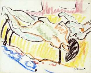 Förälskat par i verkstaden. Två nakenbilder. (Kärlekspar i studio. Två nakenbilder). Verk av Ernst Ludwig Kirchner (1880-1938), pastell på papper