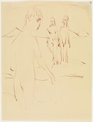 Tre stående figurer utomhus