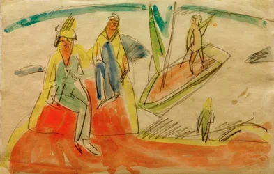 Människor och båt på stranden